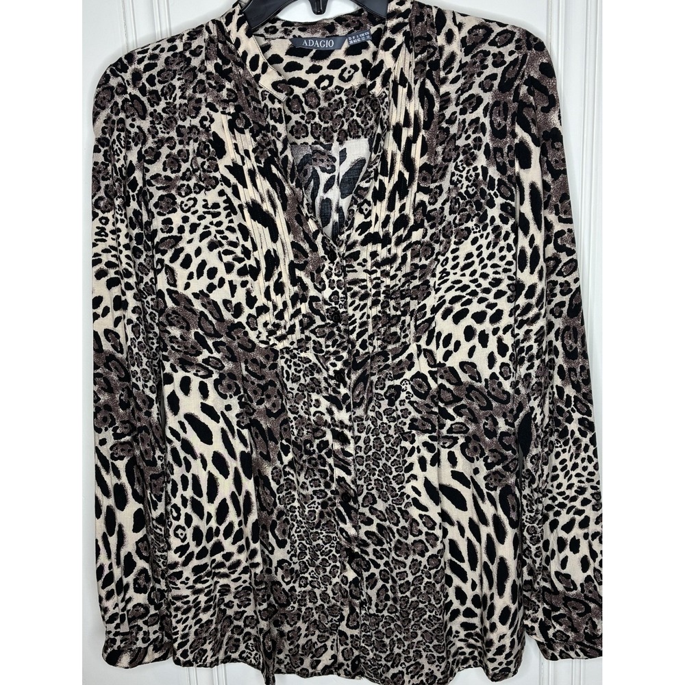 Adagio Leopard Print Pintuck Tunic Blouse Viscose Tan Black Sz 10 Capsule Flowy